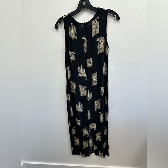 Vintage 90's Black Crinkle Safari Giraffe Theme Sleeveless Maxi/Midi Dress 8 - Picture 10 of 10
